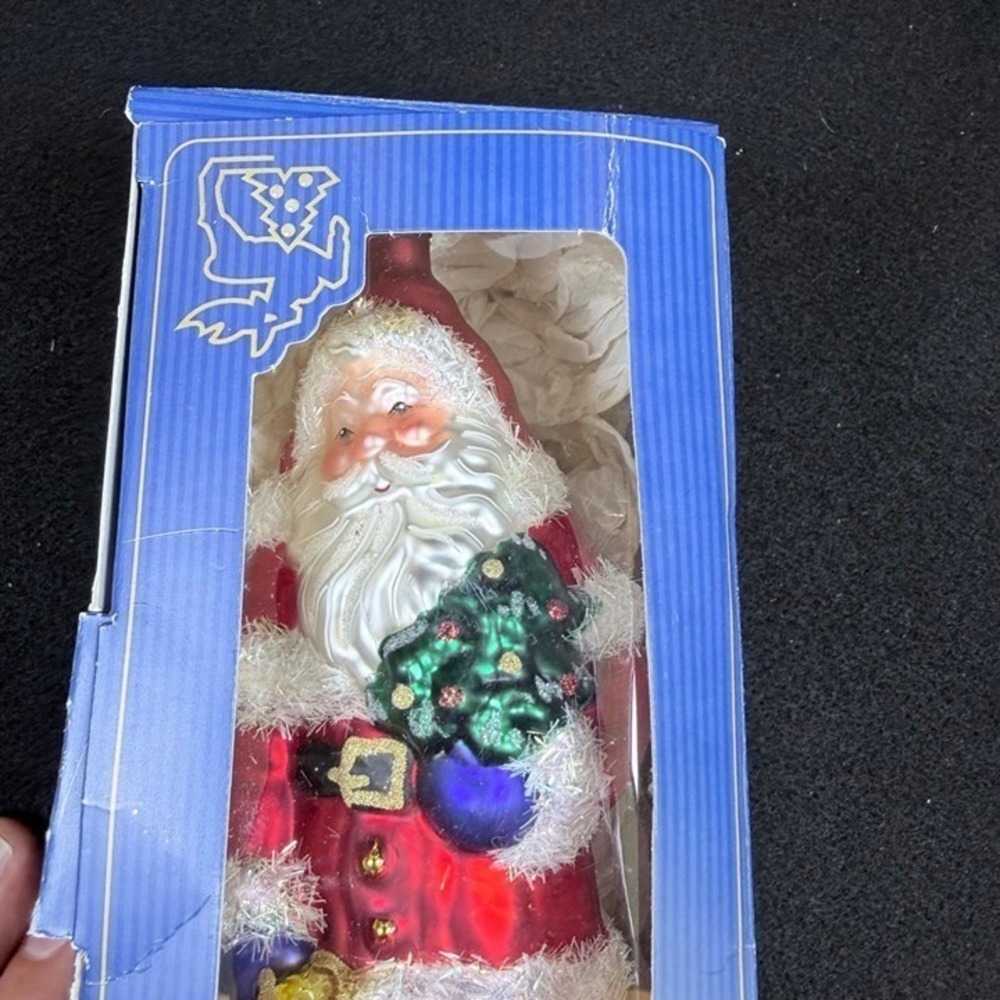 Krebs Glas Lauscha Germany Glass Santa Ornament w/ Dog & Toy Bag Handcrafted